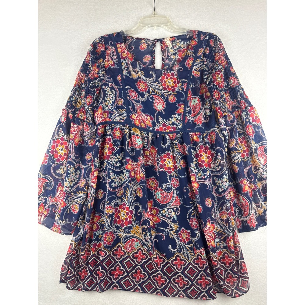 Red Camel Navy Floral Paisley Smocked Bell Sleeve Boho Chiffon Blouse Medium